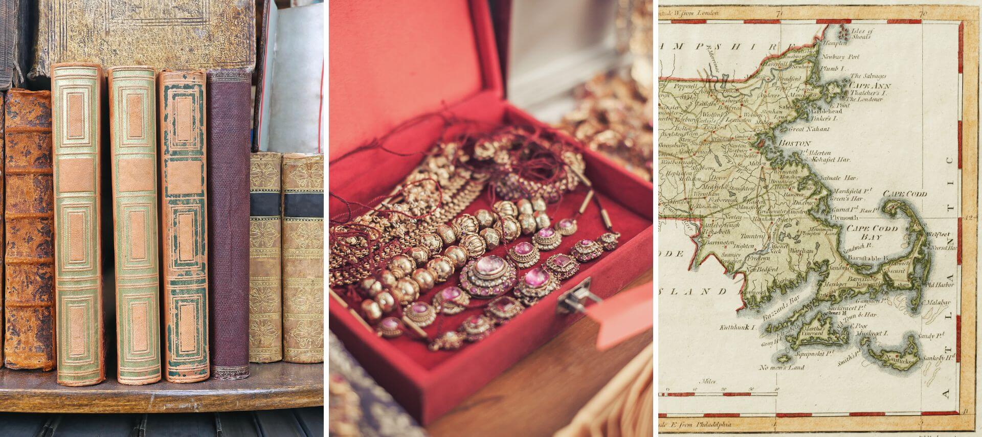 a collage of three images. antique books, a box of jewelry, and an old map depicting cape cod.