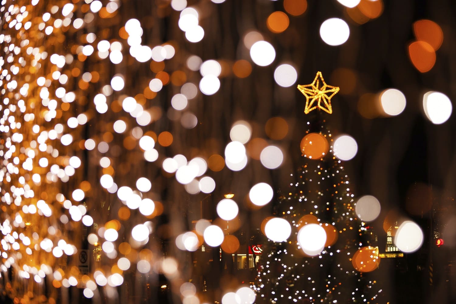 sparkling white lights surrounding the top of a lighted Christmas tree.